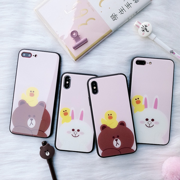 Cartoon Bear Rabbit Glasses Phone Case Cover for iPhone 8 7 plus for iPhone X Tempered Glass Case