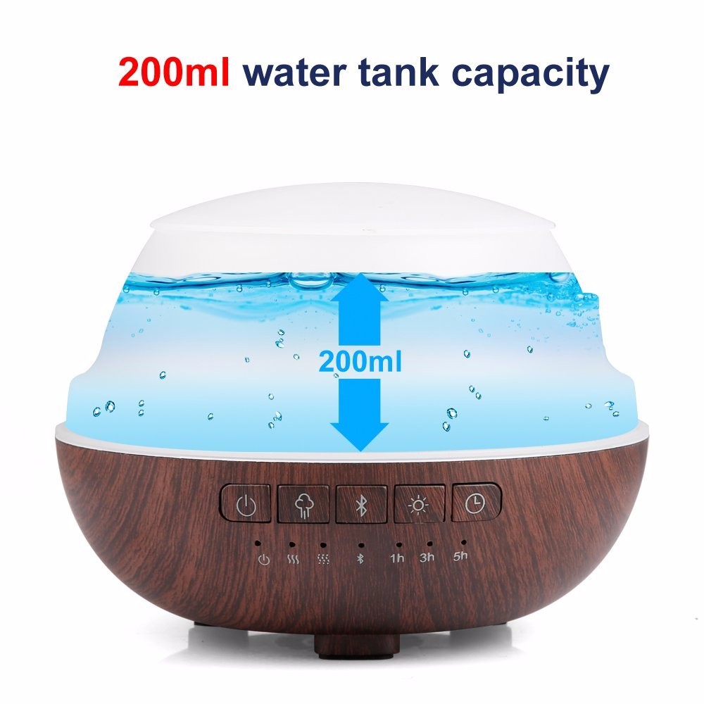 Wood Grain 200ML Aroma Oil Diffuser, Bluetooth Speak Music Player Cool Mist Air Humidifier for Led Night Lamp