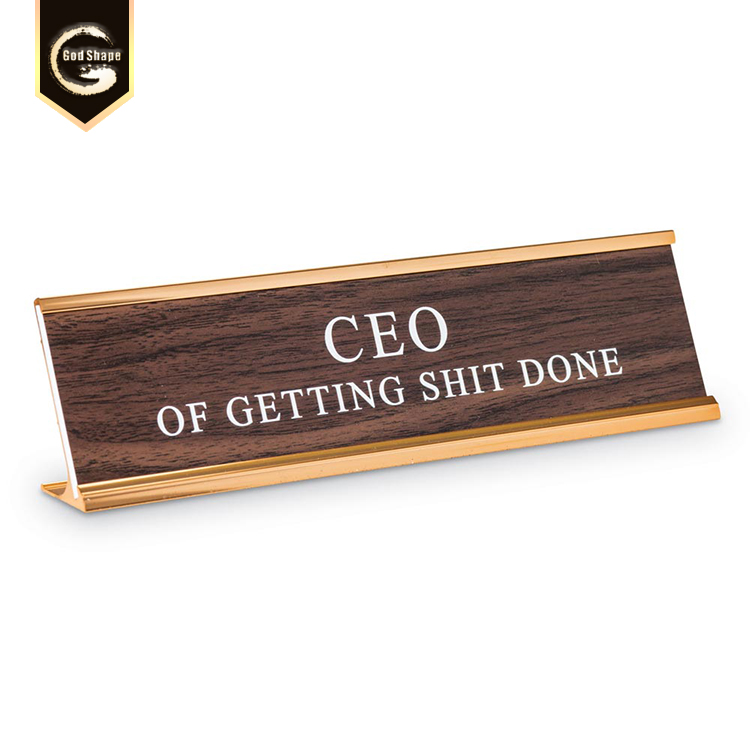GS Etching triangle freestanding name plate sign for office use Tabletop Clear Acrylic sign wood base Reserved Signs
