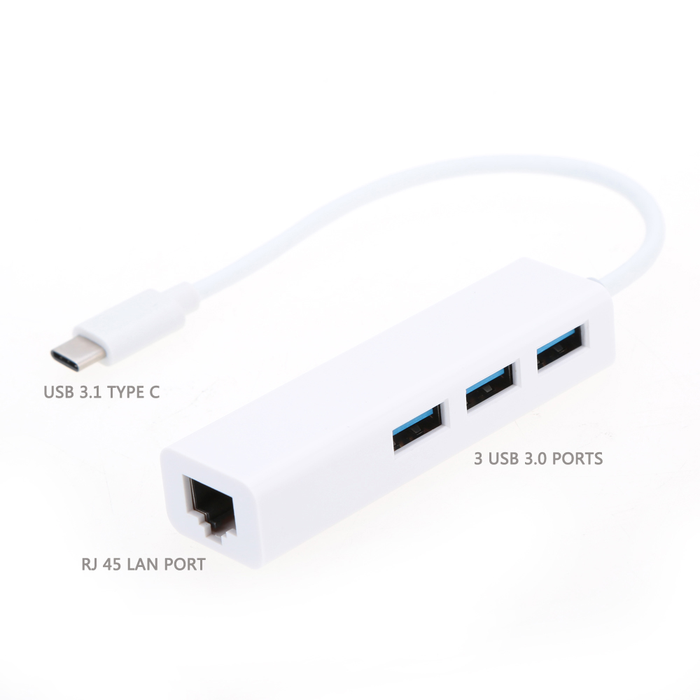 USB 3.1 Type C to 3 Ports USB 3.0 HUB RJ45 Ethernet Network LAN Data Sync Charging Adapter Cable for Macbook Google Chromebook