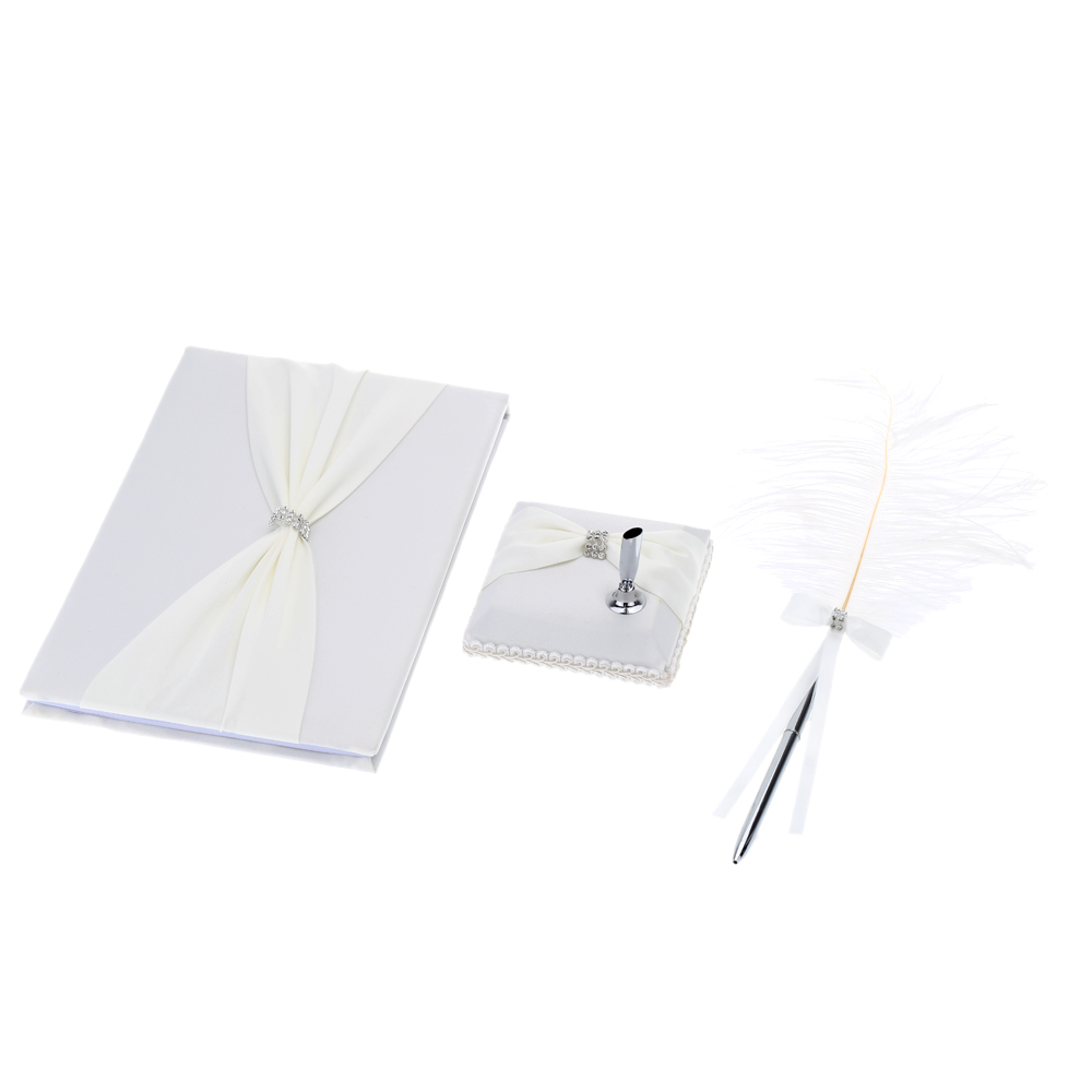 Gorgeous Wedding Guest Book and Pen Set Romantic Wedding Supply Fine Satin Bowknot Shining Rhinestone Soft Feather Decorate Pen