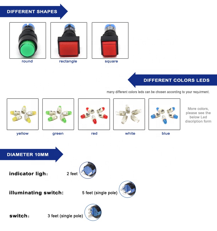 Hot sell good quality 3A 250V 10mm red illuminated pushbutton