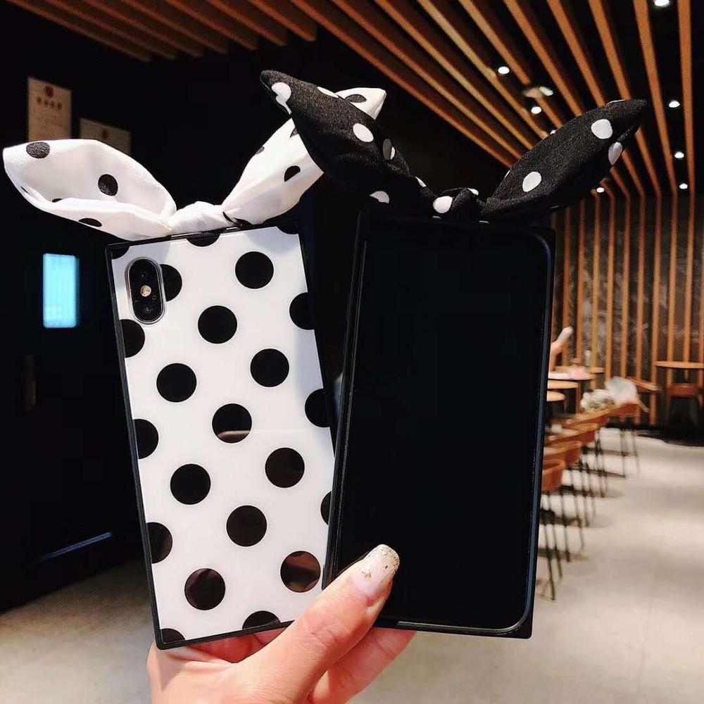 Tempered Glass Phone Case with Polka Dot for iPhone XS Max XR , For iPhone XS Case Square with Rabbit Ear