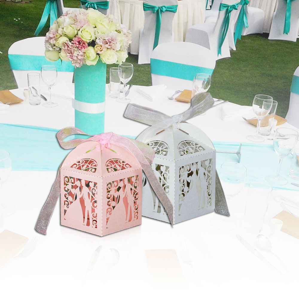 White Pink Handmade Laser Cut Bridegroom Candy Boxes with Ribbons Wedding Favor Gift Candies Sweet Boxes Wedding Accessory 20pcs