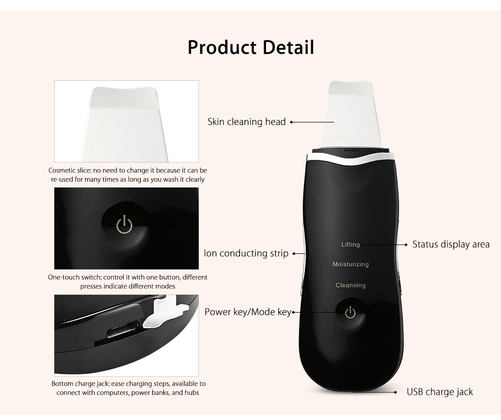 New 2018 Rechargeable Ultrasonic photon facial Massager Face Skin Scrubber  Vibration  Exfoliating Pore Cleaner Tools