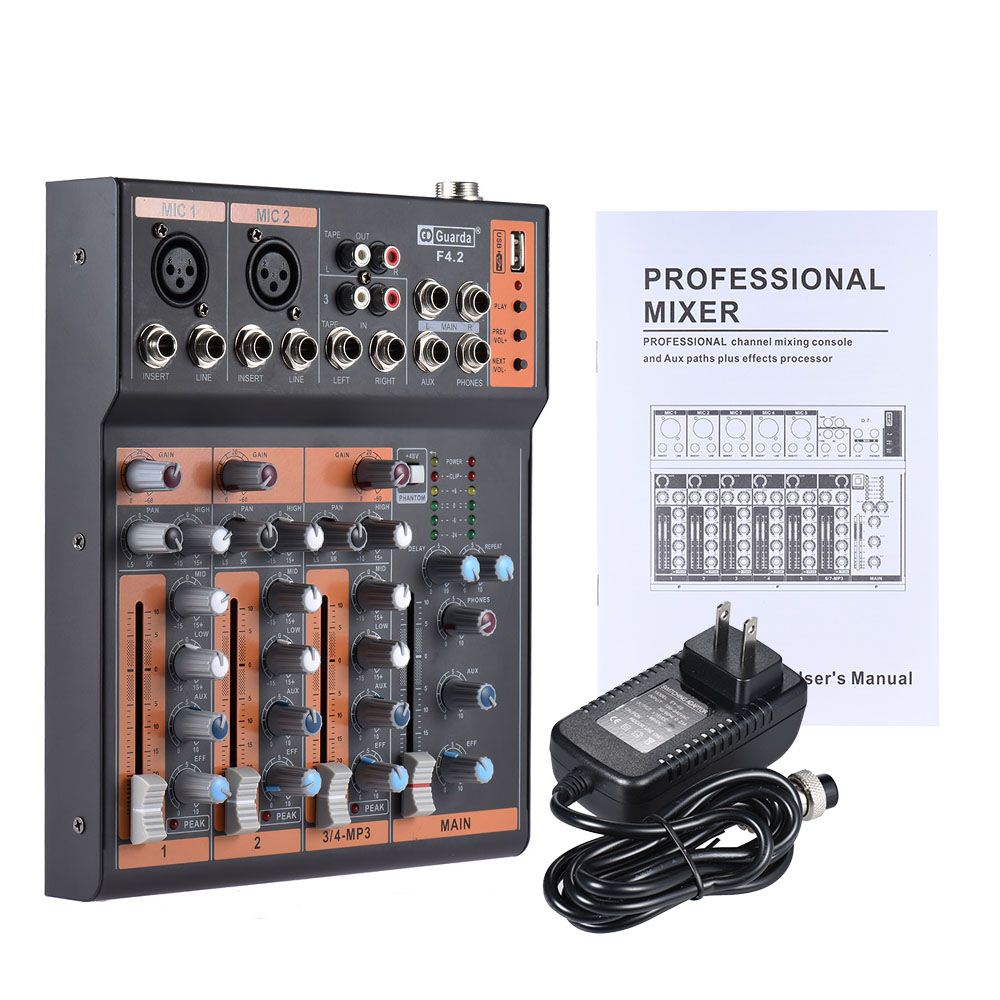 Portable 4-Channel Mic Line Audio Mixer Mixing Console 3-band EQ USB Interface 48V Phantom Power with Power Adapter