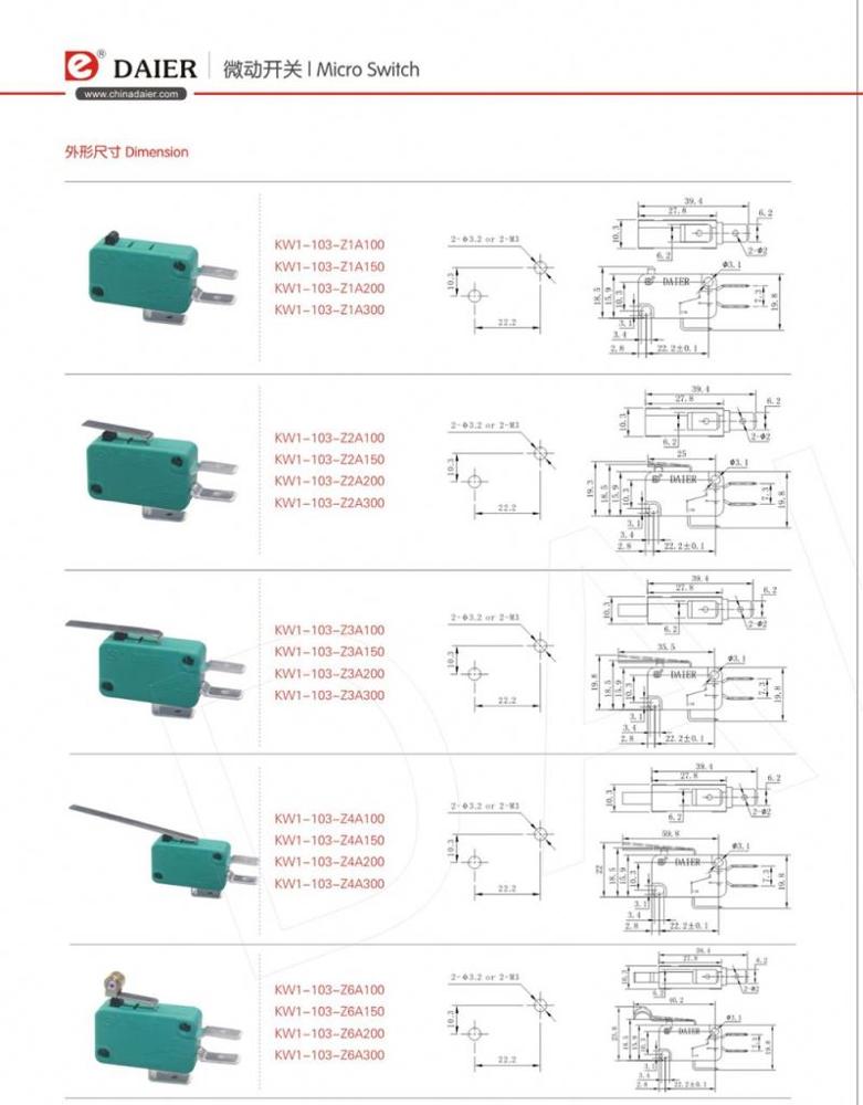 KW1-103-Z3A 3 Pin Microswitch 16A 250V With Quick-connect Terminal