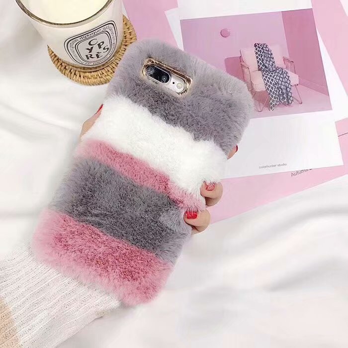 For iPhone XS MAX Furry Case , Stripe Contrast Color Fur Phone Case for iPhone 8 Plus XS for Women Girls