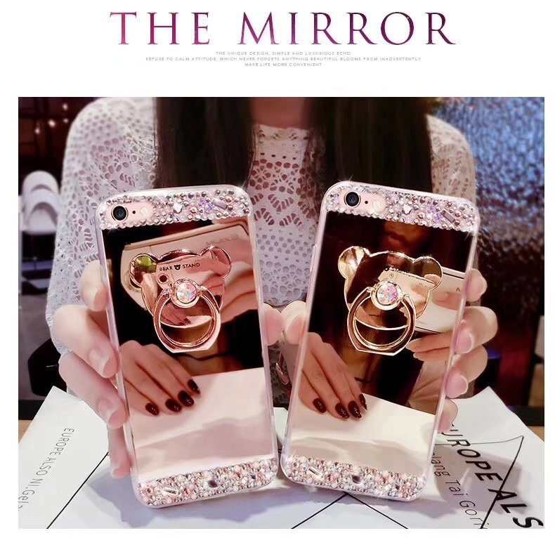 Diamond Bling Phone Case for iPhone 7 8 plus for Apple iPhone 7 Bear Ring Case Mirror