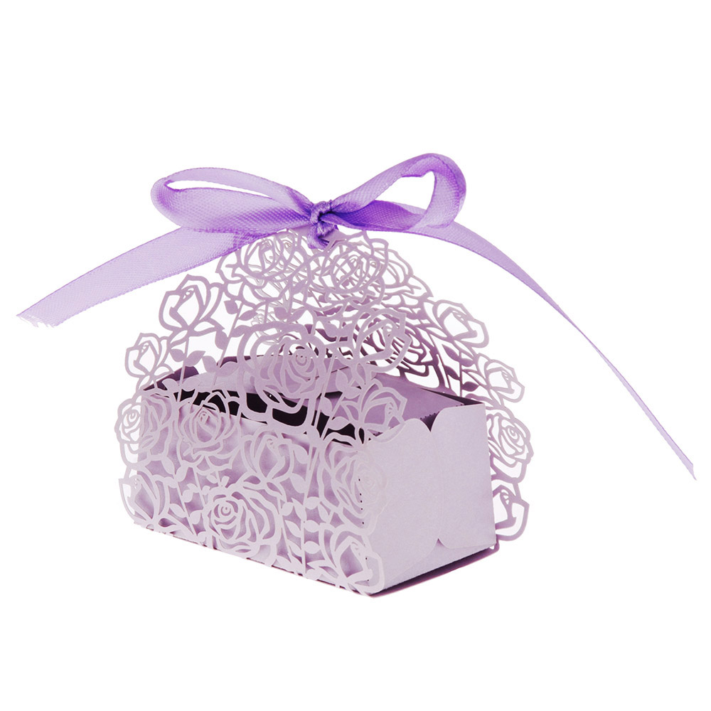12Pcs/Pack DIY Romantic Rose Candy Box Cookie Gift Favor Box for Wedding Party with Ribbon Purple Pink Event Supplies