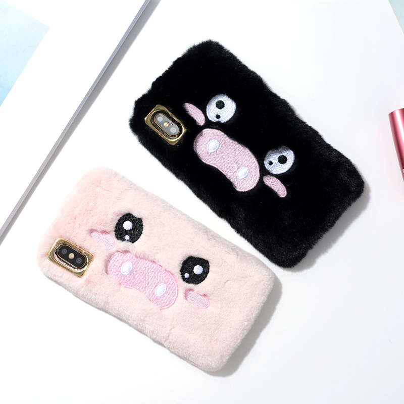 For iPhone XS MAX Case Furry , Cute Cartoon Pig Plush Fluffy Fur Phone Case for iPhone 8 Plus XR XS