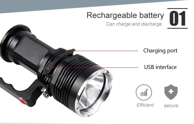 Outdoor High Beam Brightest T6 Led 18650 Torch 2000LM Rechargeable With Usb Charge