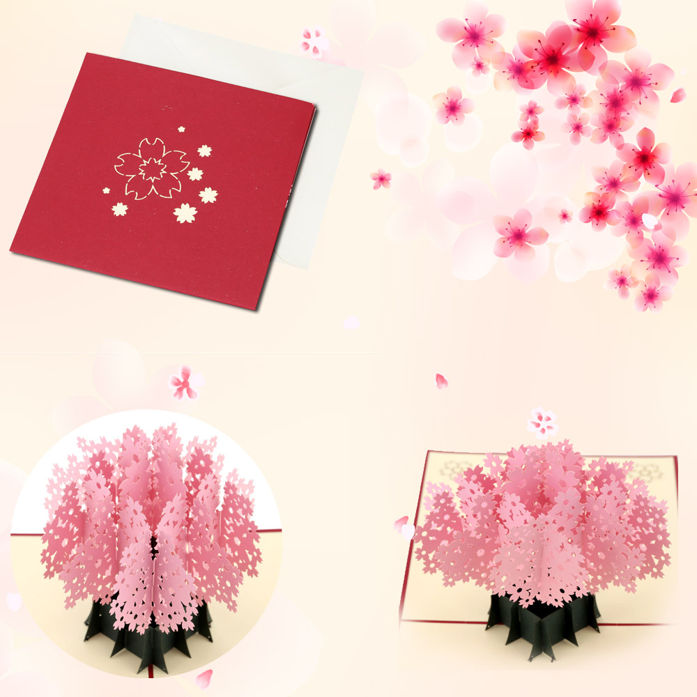 Sakura Design Birthday Wedding Invitation Card 3D Handmade Christmas New Year Party Postcard Pop Up Folding Kirigami Envelop
