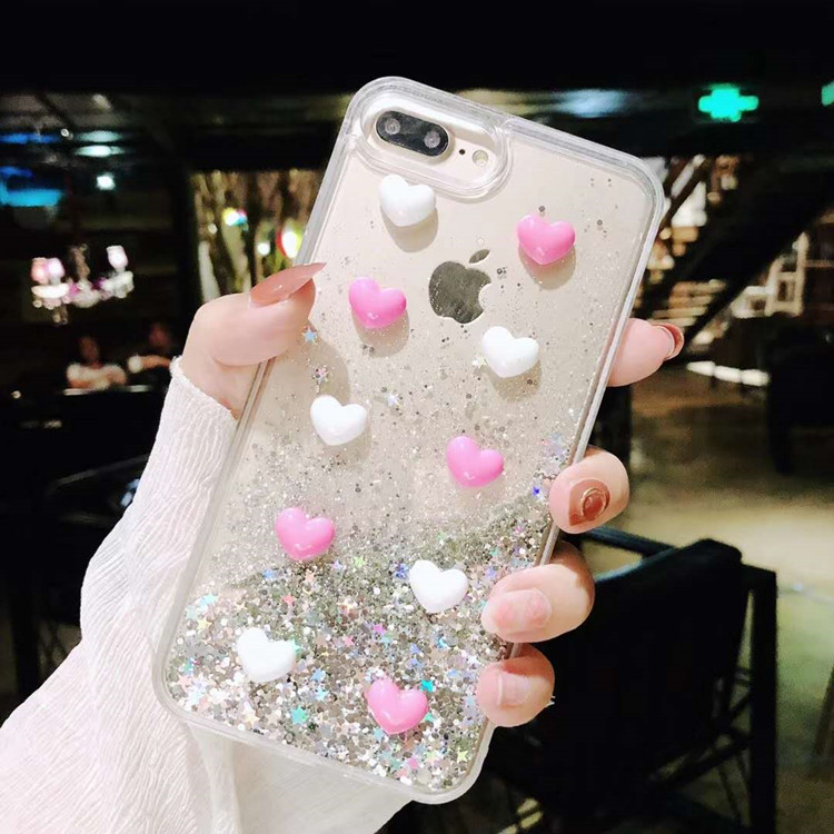 Transparent 3D Love Heart Liquid Cell Phone Case For iPhone X 8 7 6s plus