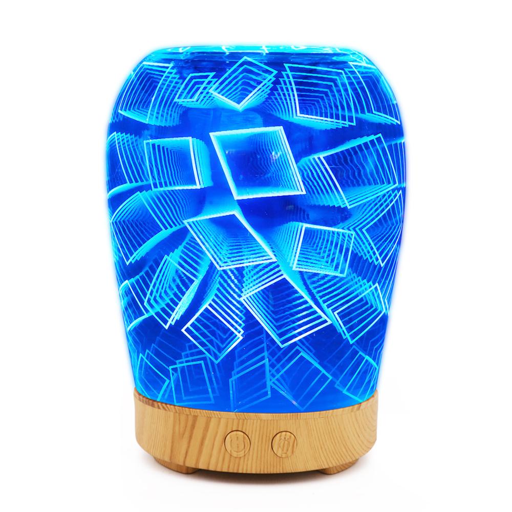 100ml 3D Glass Essential Oil Diffuser Cool Smooth Mist Humidifier with 7 Color Changing Light Light Wood Grain Base