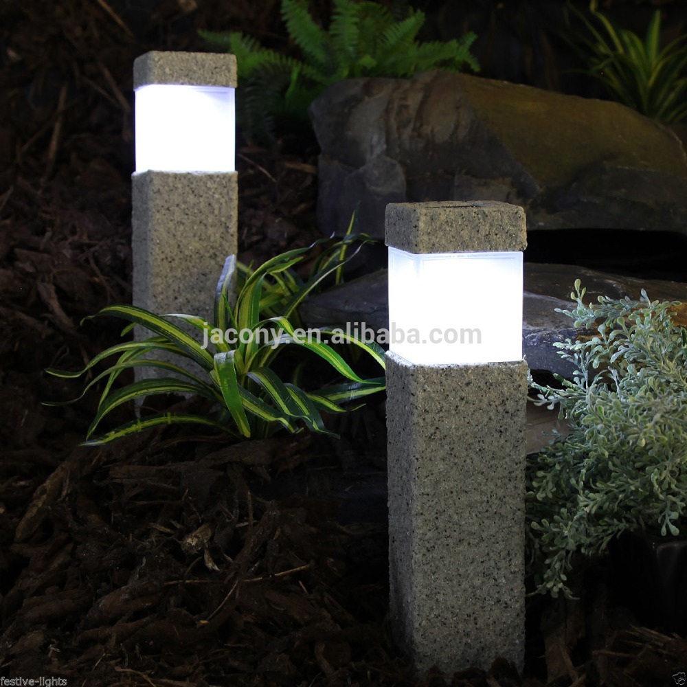 Square Stone Effect Solar Powered LED Garden Post Bollard Lamp for Garden Decorative (JL-8575)