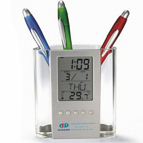 temperature date display transparent desktop table acrylic clock pen holder