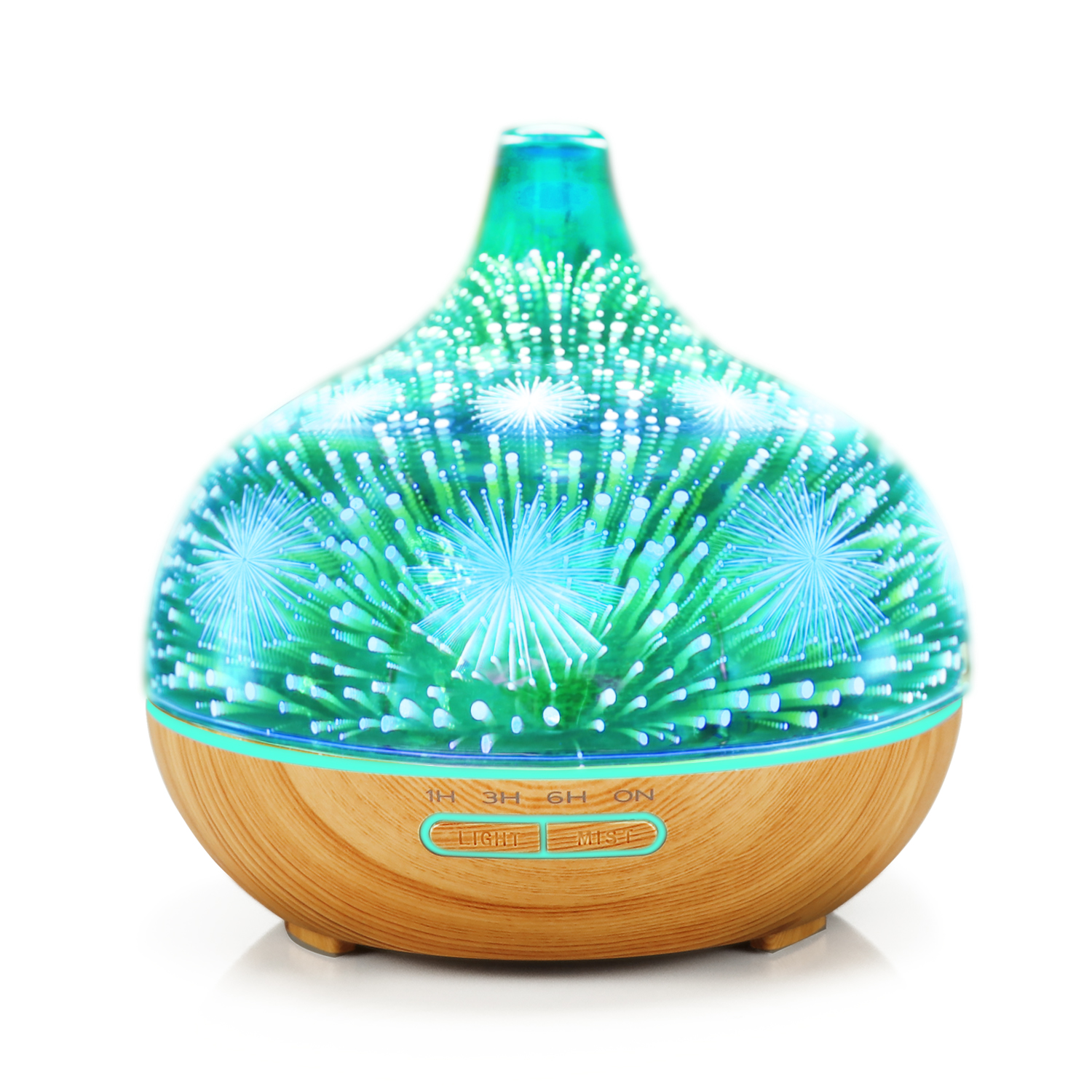 Wood Grain Base Beautiful Fireworks Design 3D Glass Essential Oil Diffuser Humidifier with Remote Control