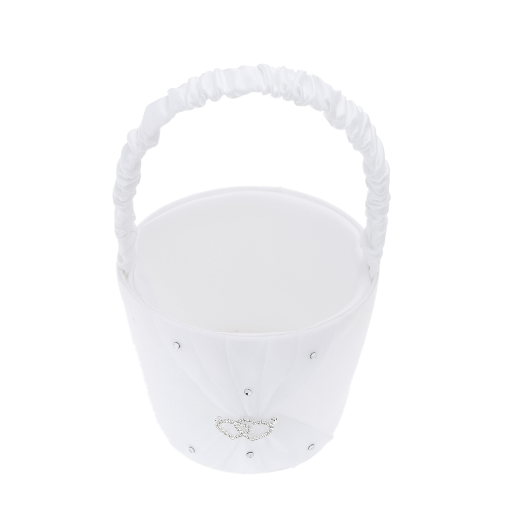 Pure White Romantic Wedding Flower Basket Elegant Satin Shining Rhinestone Embedded Adorable Basket for Wedding Decoration