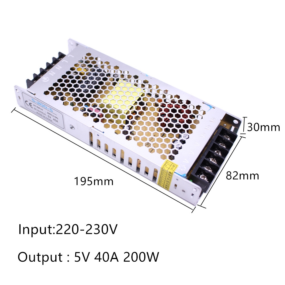 Ultra slim 5V 40A 200W Switching Power Supply run for WS2812,SK8612 led strip light