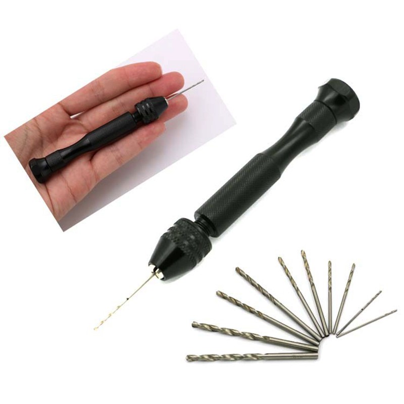 Mini Manual Aluminum Hand Drill With Keyless Chuck 10Pcs Twist Micro Drill Bit Woodworking Drilling Rotary Tools