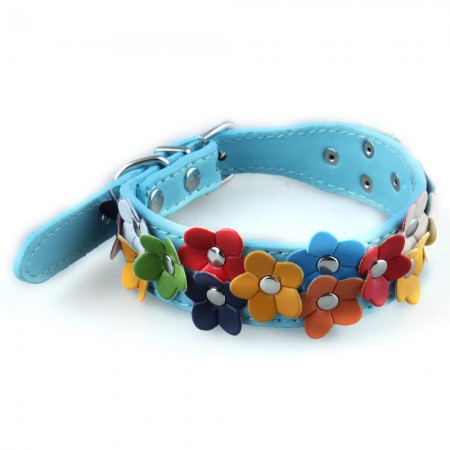 Blue PU Dog Pet Pitbull Cute Flower Collar Strap Tag S