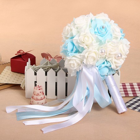 Bridal Bridesmaid Bouquet Rose Pearl Rhinestone Wedding Artificial Silk Flowers Blue