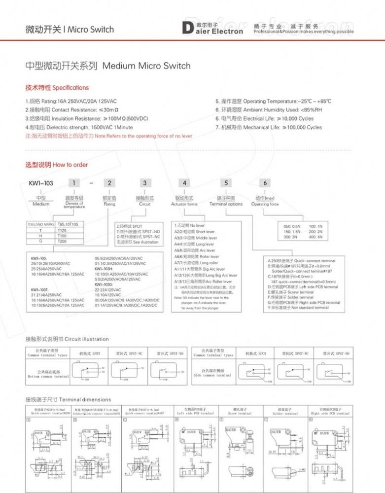 Miniature T85 SPDT Short Lever KW4 Micro Switch 5A 250V