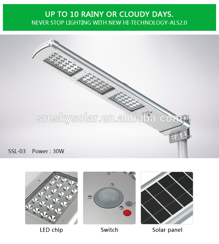 30w led garden yard daylight sensor integrated solar panel street light all-in-one,made in china zhongshan