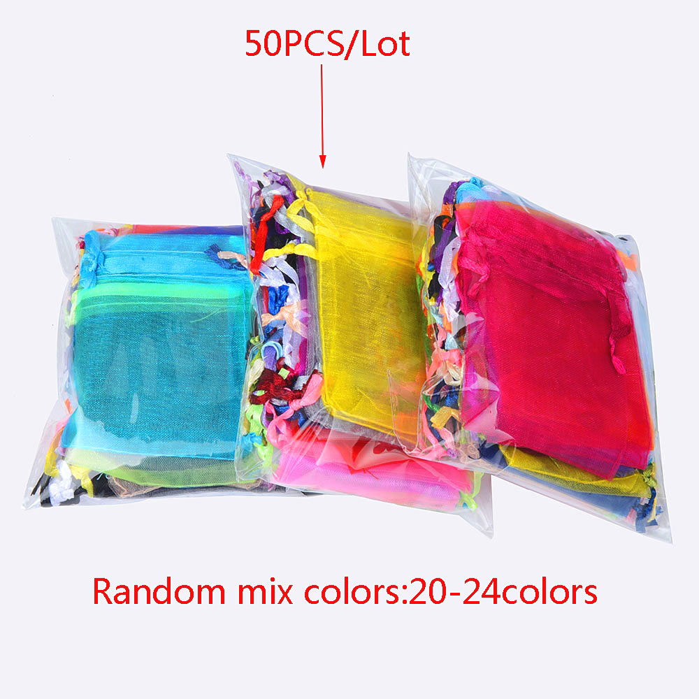 50pcs 7x9 9x12 10x15 13x18CM Organza Bags Jewelry Packaging Bags Wedding Party Decoration Drawable Bags Gift Pouches 24 colors