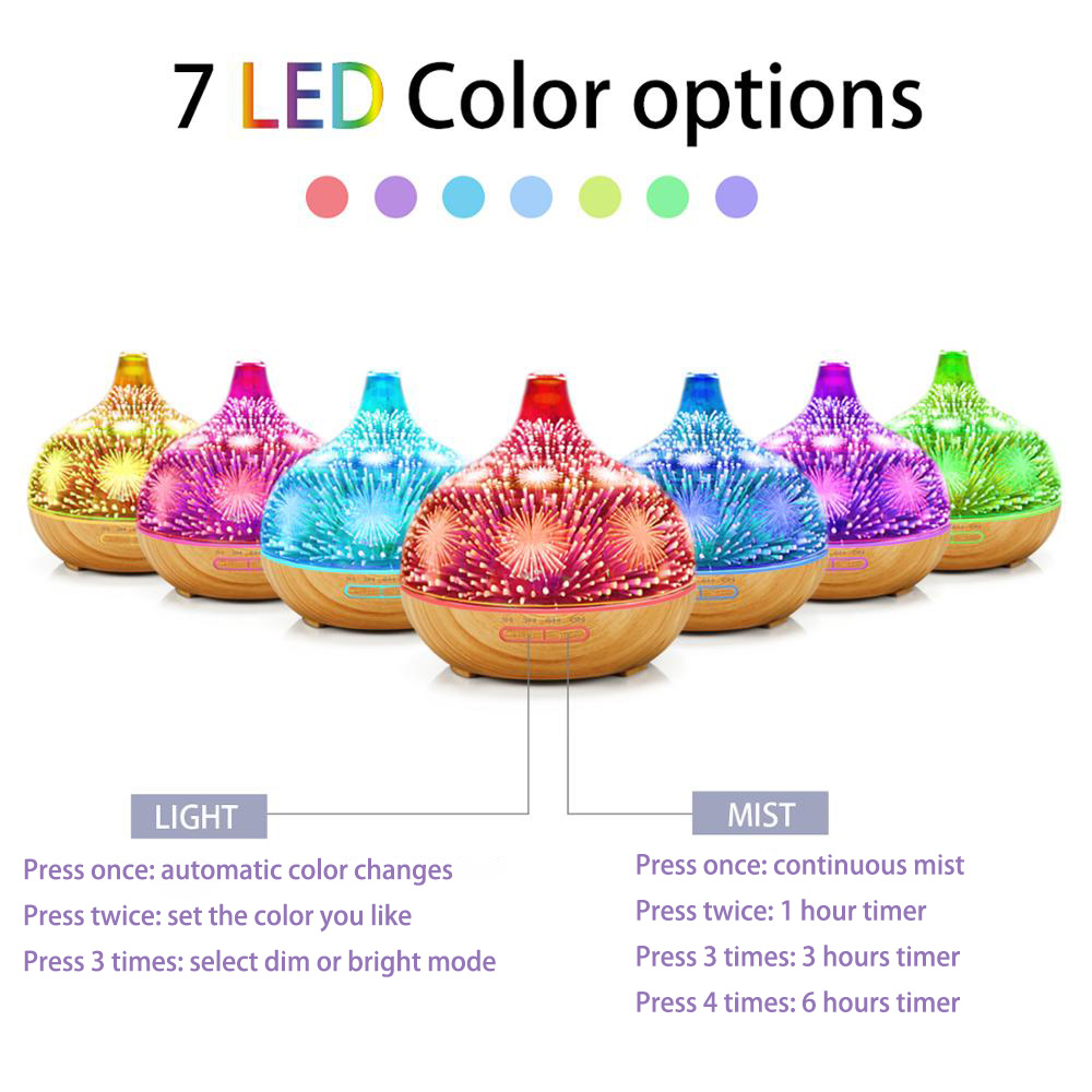 New Arrival 2019 Trend Beautiful Fireworks Design 3D Glass Bottle Essential Oil Diffuser Humidifier with Wood Grain Base