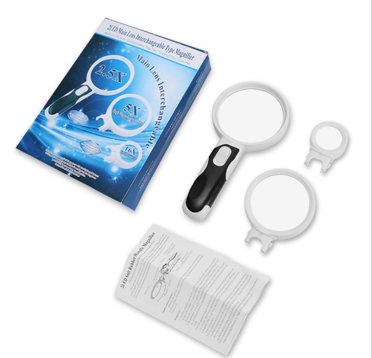 75MM 2.5X 5X/16X Portable Handheld Reading Loupe Magnifying Glass Multifunctional Magnifier with 2 LED Light Interchangeable Len