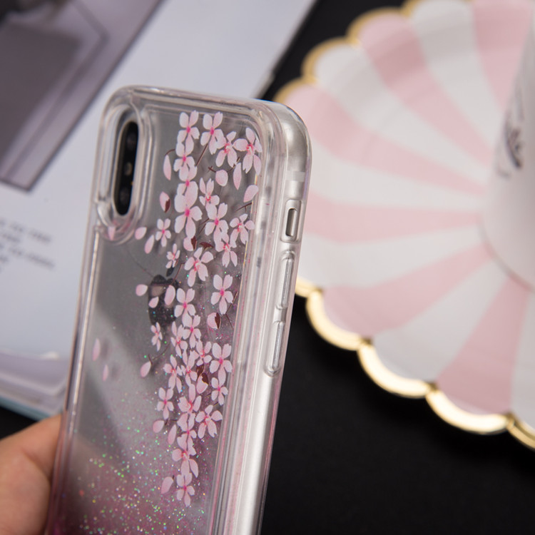 Mobile Phone Accessories Hard PC Flower Floral Glitter Liquid Case for iPhone X