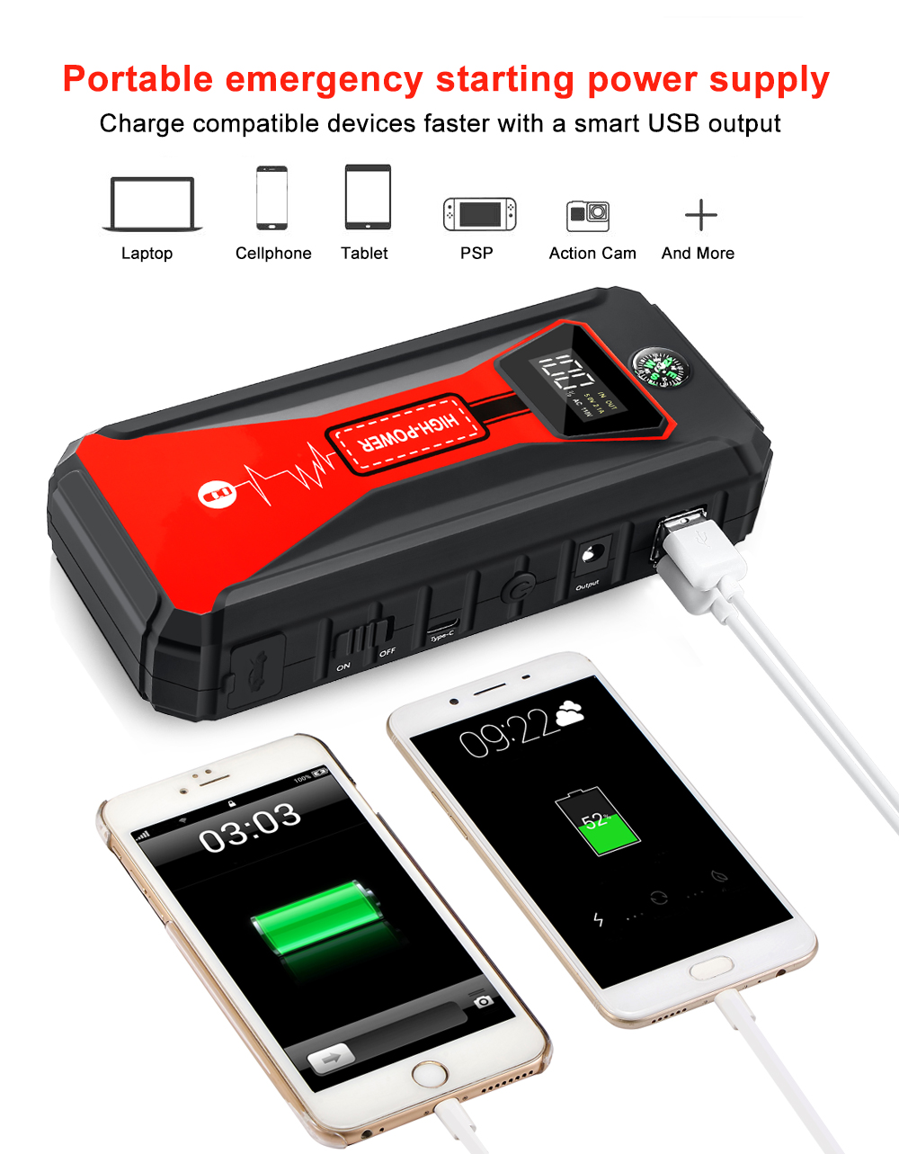 20000mAH Multifunction Fast Charge Lithium Car Jump Starter with Air Compressor and LCD Screen Portable