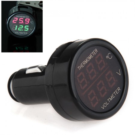 Car Cigarette Lighter Digital Voltmeter Thermometer LED 12V/24V red green