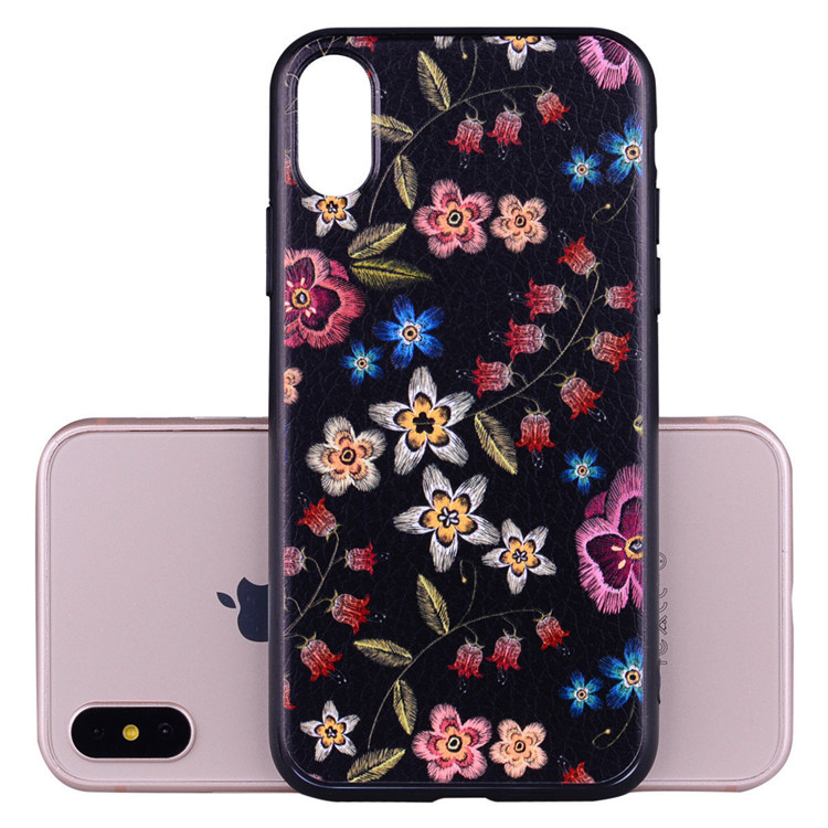 Leather Pattern Embroidery Flower Silicone Cellphone Case for iPhone X for iPhone 8 Plus TPU Phone Cover