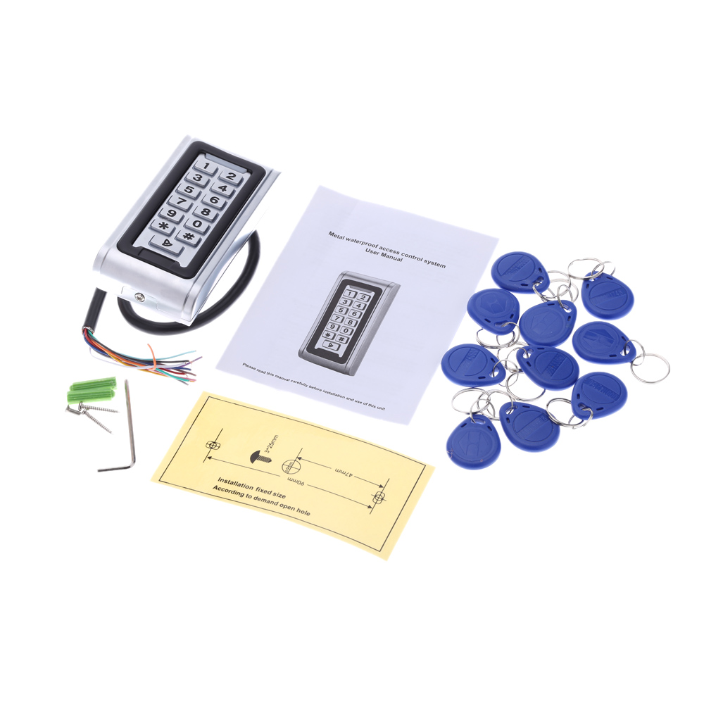 Waterproof Metal Access Control ID Card Reader Keypad For Door Security Wiegand 26 Interface 125KHz Access Controller + Key Fobs