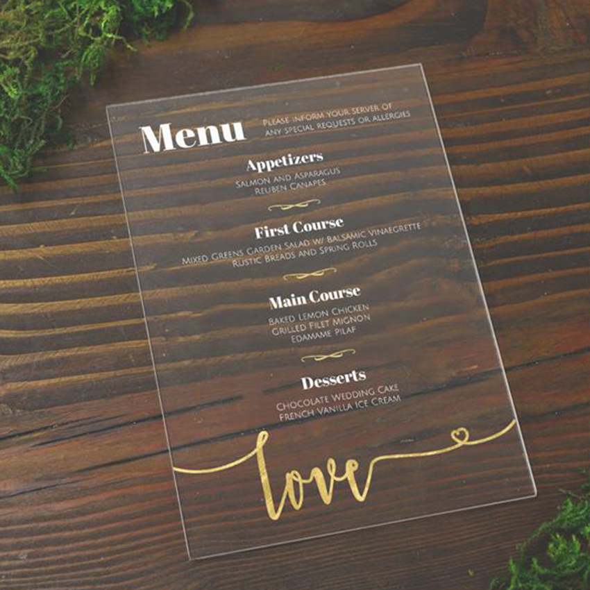 Acrylic laser cut craft advertising tabletop display desk sign wedding menu board plaque