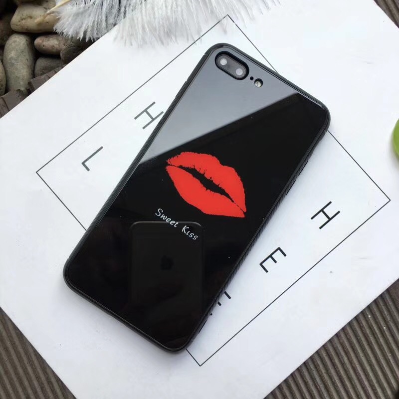 For iPhone X Tempered Glass Cell Phone Case for iPhone 8 7 Plus with Sweet Kiss Red Lip Mouth