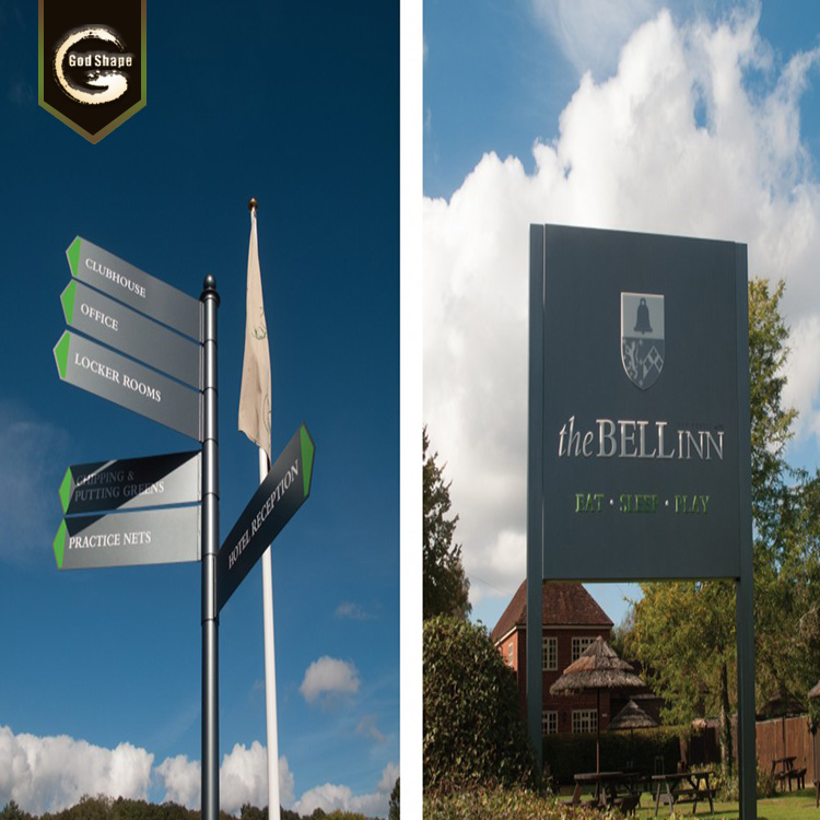 Outdoor building directional and wayfinding Commercial Company stainless steel metal  Freestanding plate  Signage