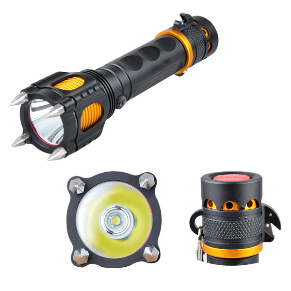 T6 Rechargeable 5 mode Self Defens Tactical Flashlight with Attack Head and Audible Alarm Tail Design for Defense or Emergency
