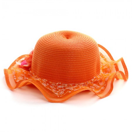 Sweet Pink Girls Children Flower Straw Summer Beach Sun Hat Cap Wide Lace Brim