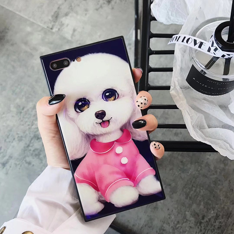 Cute Poodle Dog Tempered Glass Phone Case for iPhone 7 plus/8 /6s plus , for iPhone X Square Glass Case with Blue Light