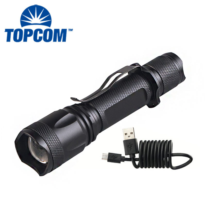 Zoomable Focus 5 Light Mode Portable Flashlight 10w XMLl T6 LED Manual USB Rechargeable Flashlight With Clip