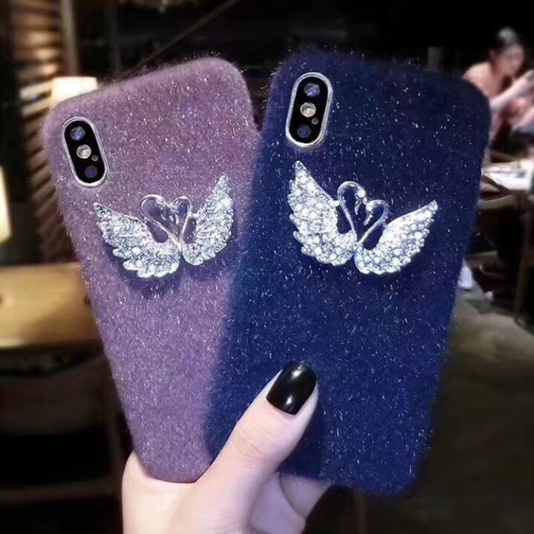 Fashion Girl Flannel Flannelette Phone Case for iPhone Xr Xs Max , for iPhone X Case with Crystal Swan