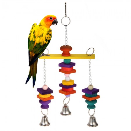 Parrot Pet Bird Macaw Hanging Chew Toy Bells Wood Blocks Swing Colorful