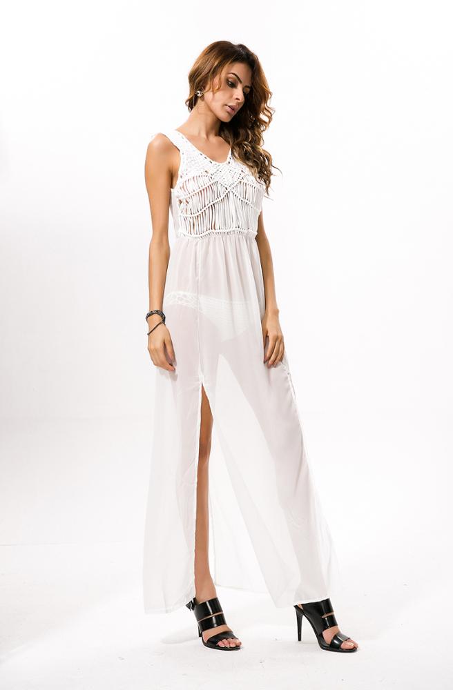 Amazon Hot Sale White Knit Beach Dress Ladies Beachwear Skirt Cover Up Sexy Hollow Dress