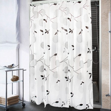 FACILLA Bathroom Shower Curtain Etra Long with Hooks Grey Flowers 180 200cm / 5.9 6.6ft