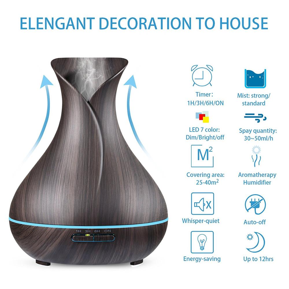 Vase Bottle Humidifier ,Dark Wood Grain Shut Auto-off Essential Oil Diffuser for Home Aromatherapy