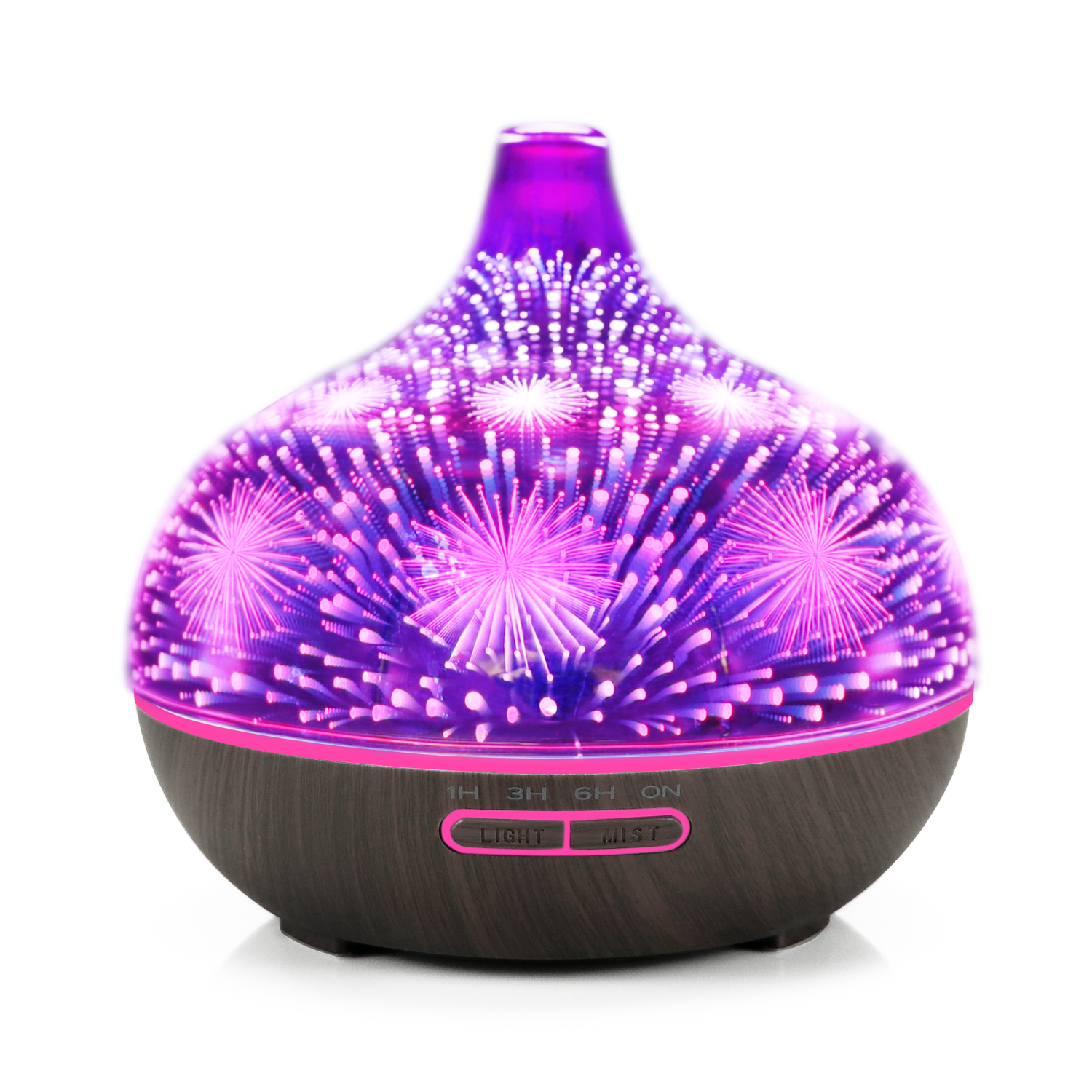 Glass Aroma Diffuser with Amazing 3D Visual Effect at Night in Firework Pattern Different Wood Grain Base Colors